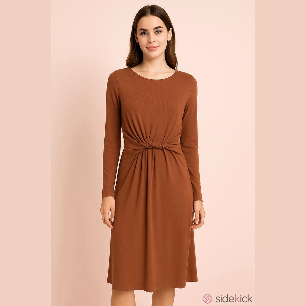 Maurices Brown Knot Front Ribbed Long Sleeve Midi Dress Size XXL